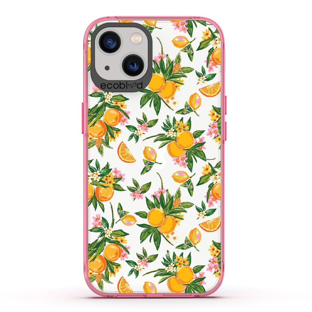 Orange Bliss - Pink Eco-Friendly iPhone 13 Case With Oranges, Orange Slices and Leaves On A Clear Back