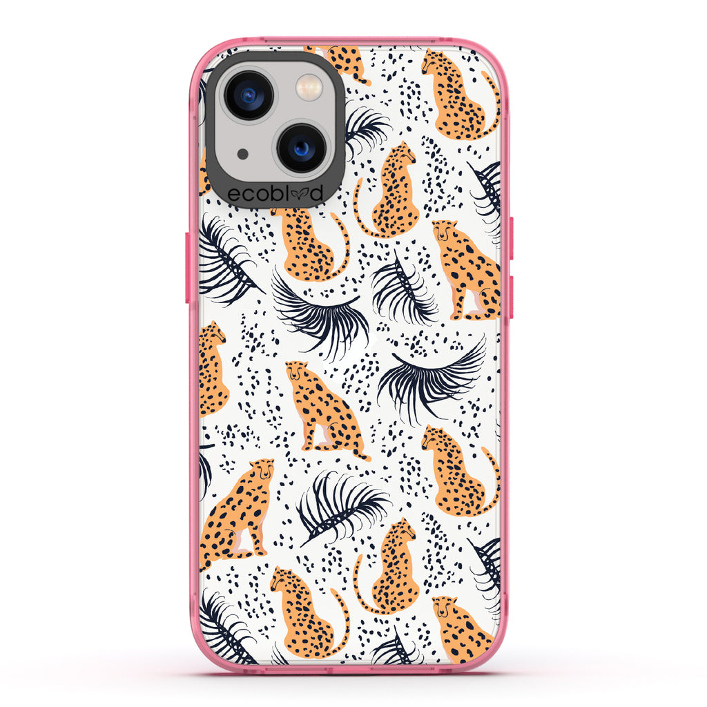 Feline Fierce - Pink Eco-Friendly iPhone 13 Case With Minimalist Cheetahs With Spots and Reeds On A Clear Back