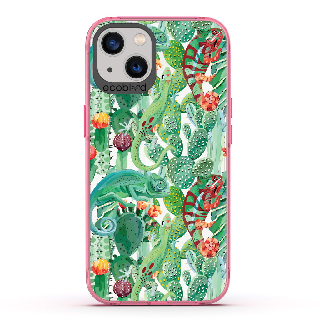 In Plain Sight - Pink Eco-Friendly iPhone 13 Case With Chameleons On Cacti On A Clear Back
