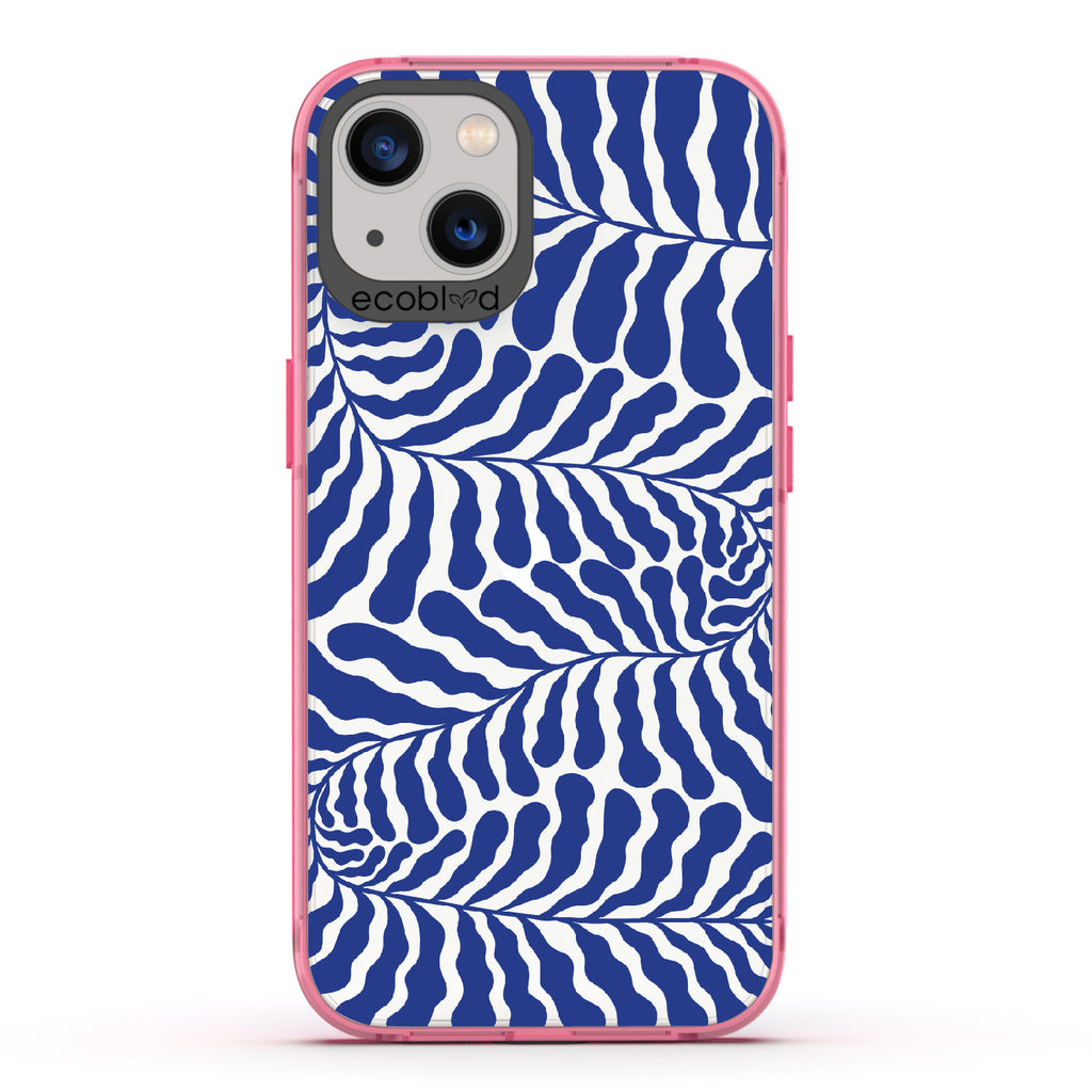 Blue Lagoon - Pink Eco-Friendly iPhone 13 Case With Abstract Tropical Blue Seaweed On A Clear Back