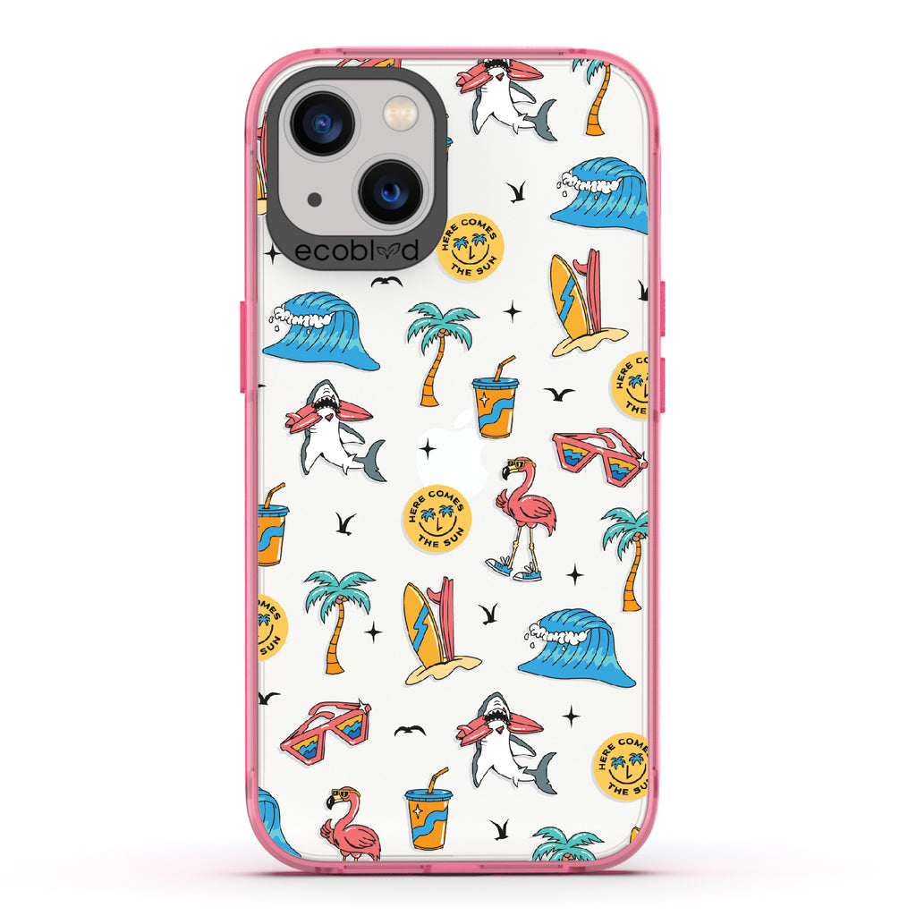 Here Comes The Sun - Pink Eco-Friendly iPhone 13 Case: Sunglasses, Surfboard, Waves & Beach Theme On A Clear Back