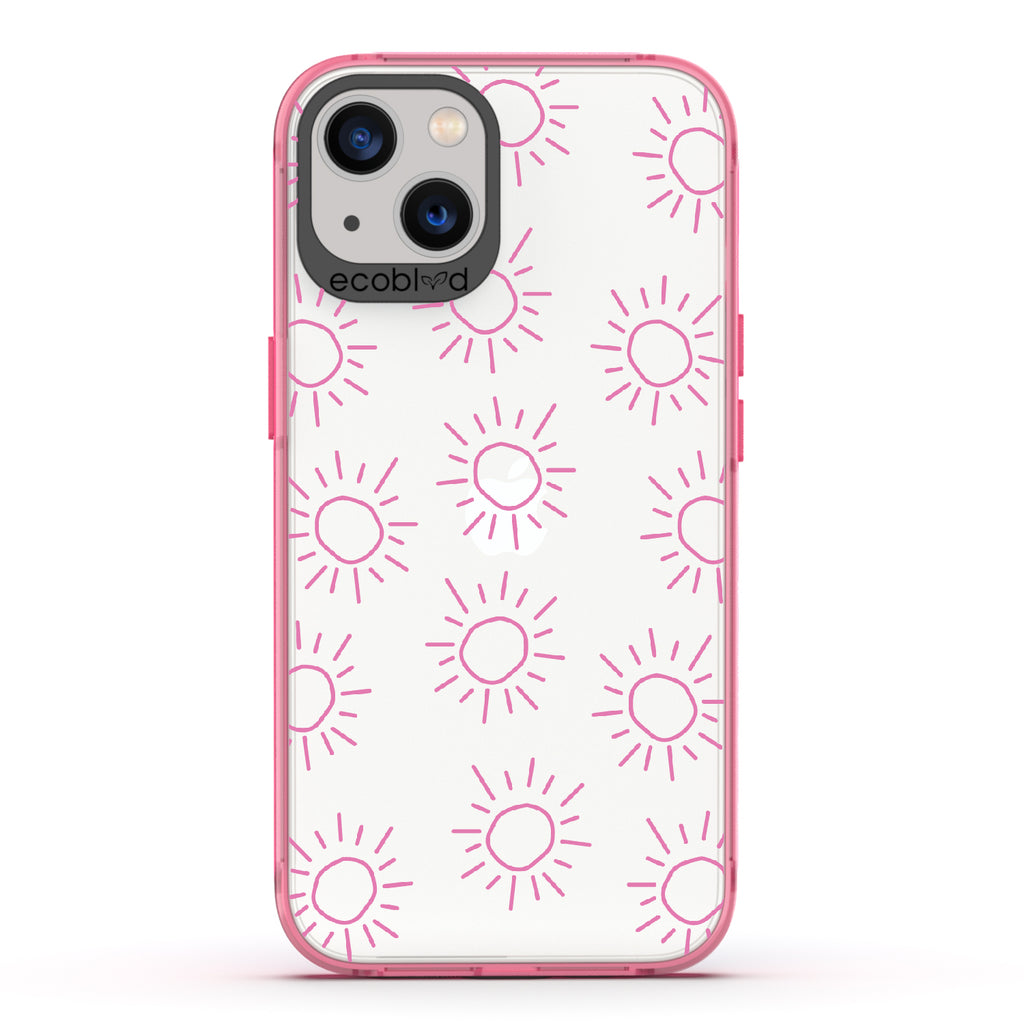 Sun - Pink Eco-Friendly iPhone 13 Case With Various Scribbled Suns On A Clear Back