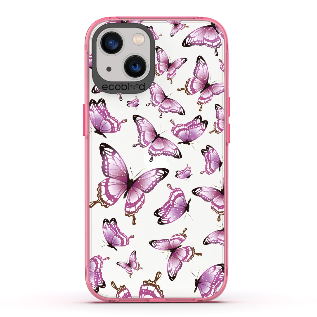 Social Butterfly - Pink Eco-Friendly iPhone 13 Case With Pink Butterflies On A Clear Back - Compostable