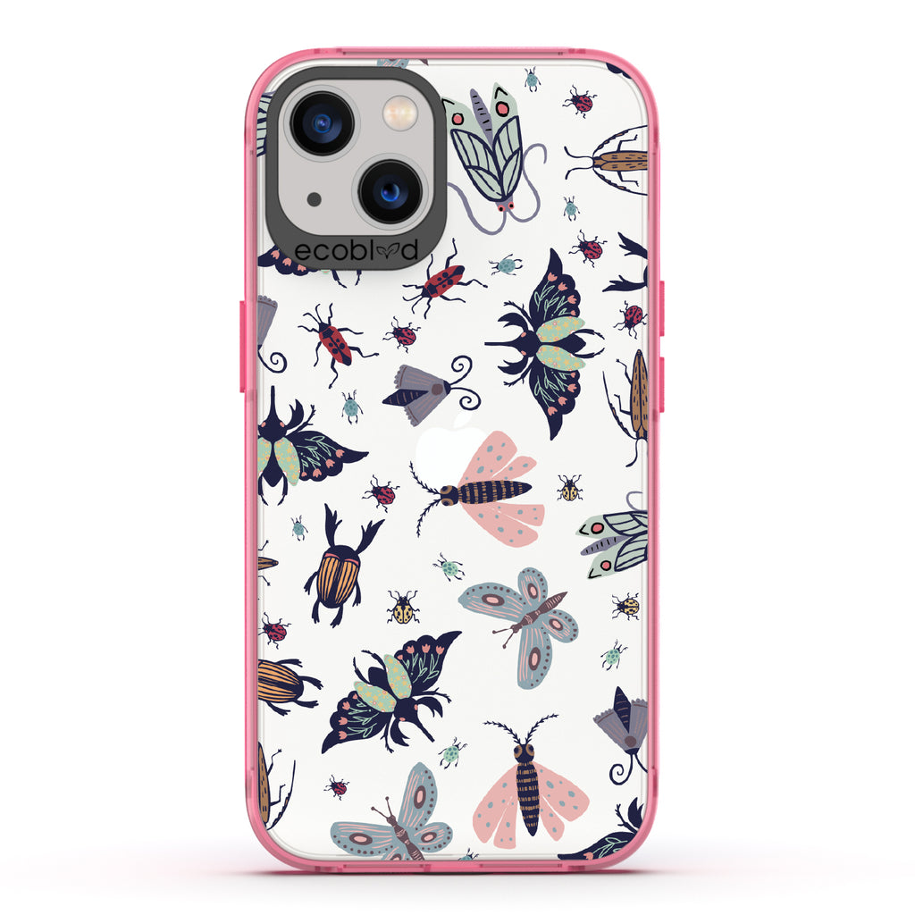 Bug Out - Pink Eco-Friendly iPhone 13 Case With Butterflies, Moths, Dragonflies, And Beetles On A Clear Back