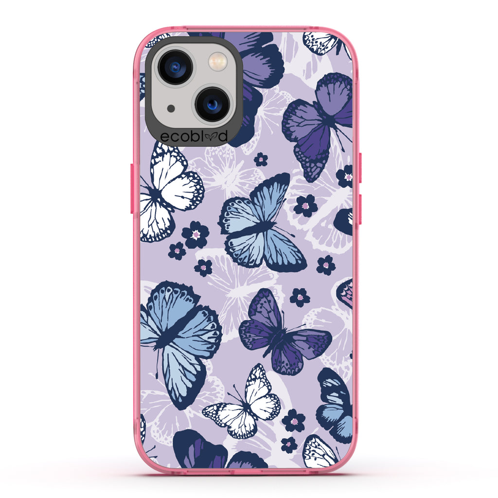 Deja Vu - Pink Eco-Friendly iPhone 13 Case With Blue, White, Purple Butterflies & Flowers On A Purple / Clear Back