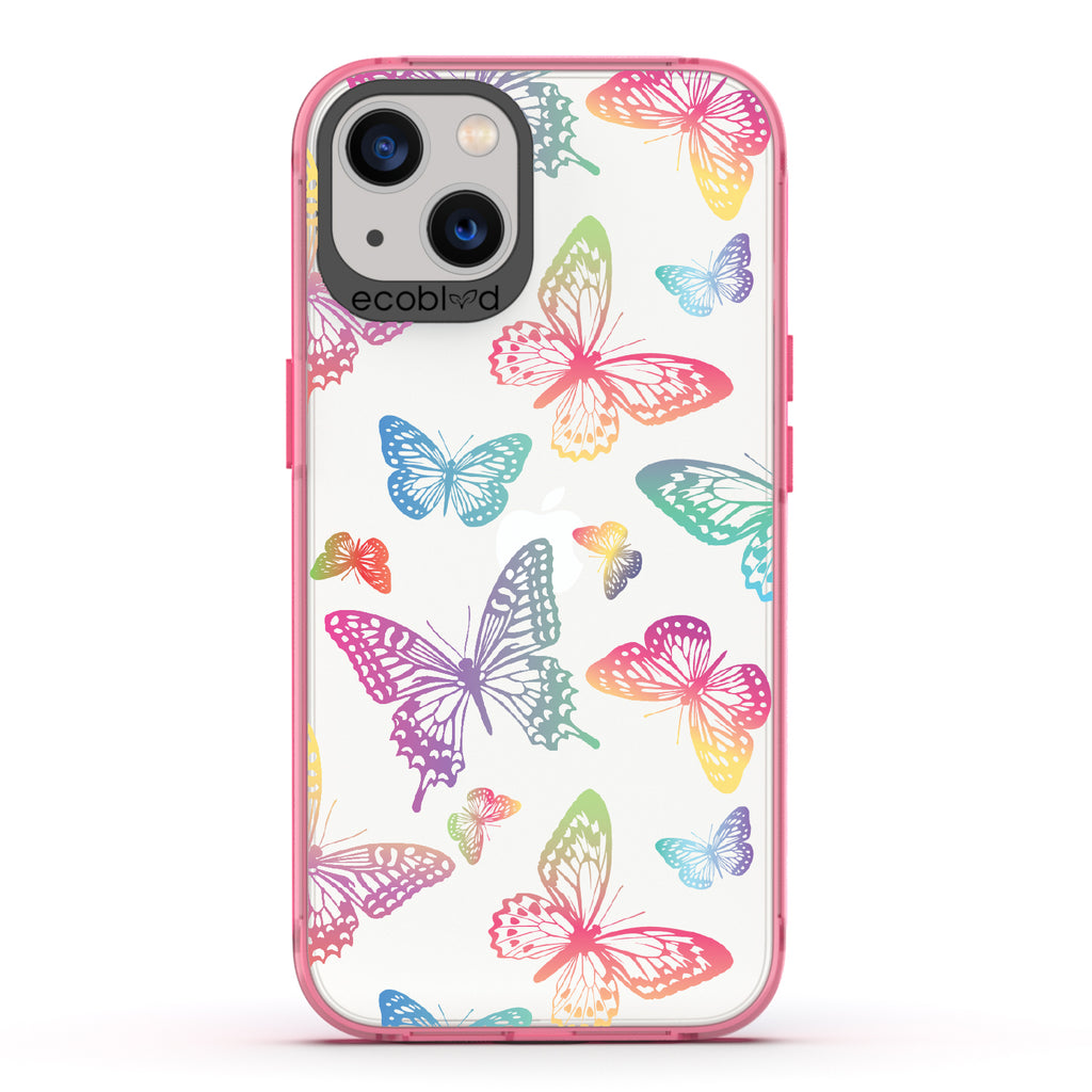 Butterfly Effect - Pink Eco-Friendly iPhone 13 Case With Multi-Colored Neon Butterflies On A Clear Back