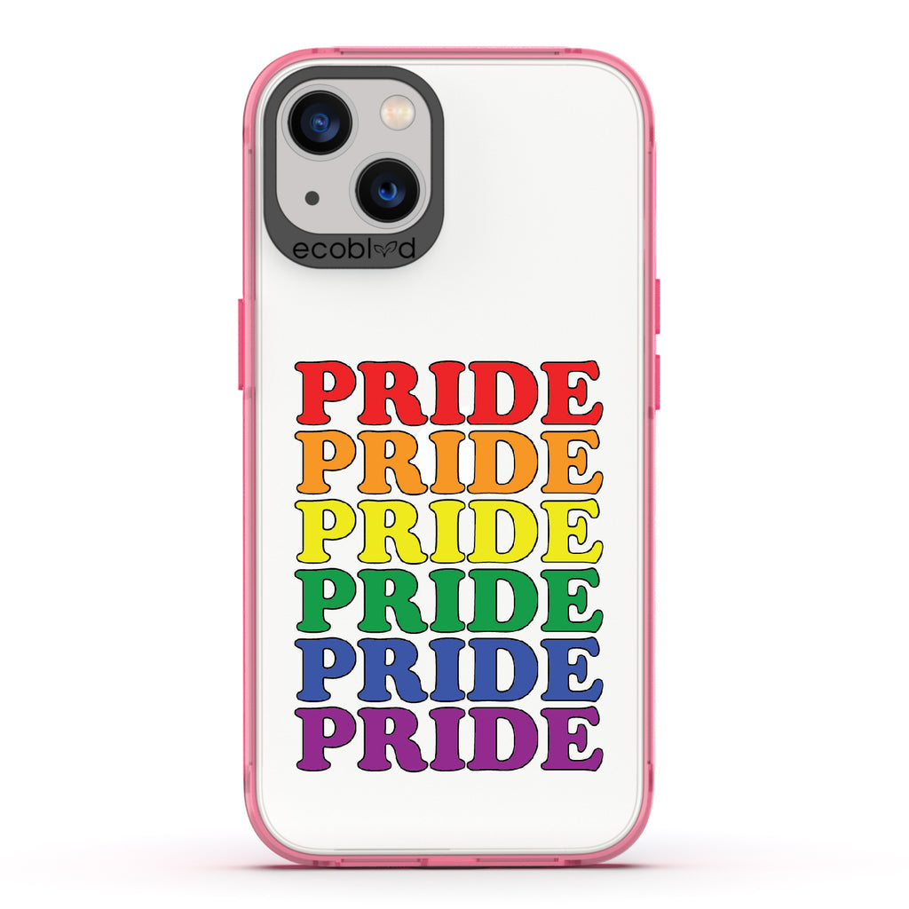 Pride Camp - Pink Eco-Friendly iPhone 13 Case With Pride Stacked In Multiple Rainbow Colors On A Clear Back