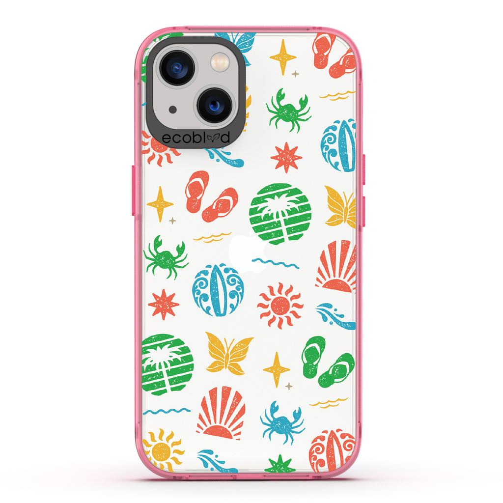 Island Time - Pink Eco-Friendly iPhone 13 Case With Surfboard Art Of Crabs, Sandals, Waves & More On A Clear Back