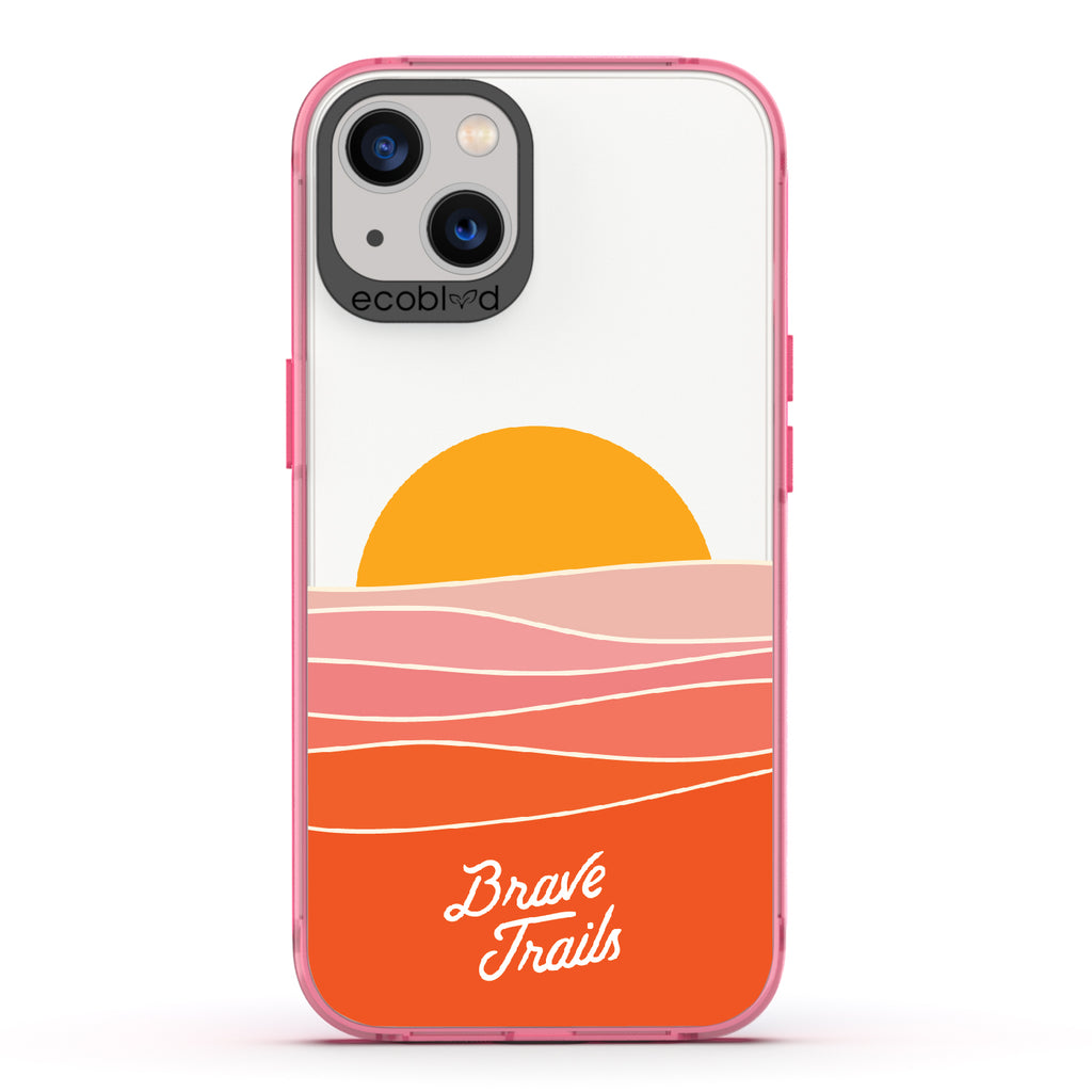 Enlightened X Brave Trails - Pink Eco-Friendly iPhone 13 Case with Sun Rising Over Minimalist Hillside On Clear Back