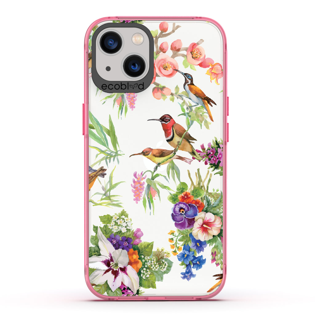 Sweet Nectar - Pink Eco-Friendly iPhone 13 Case With Humming Birds, Colorful Garden Flowers On A Clear Back