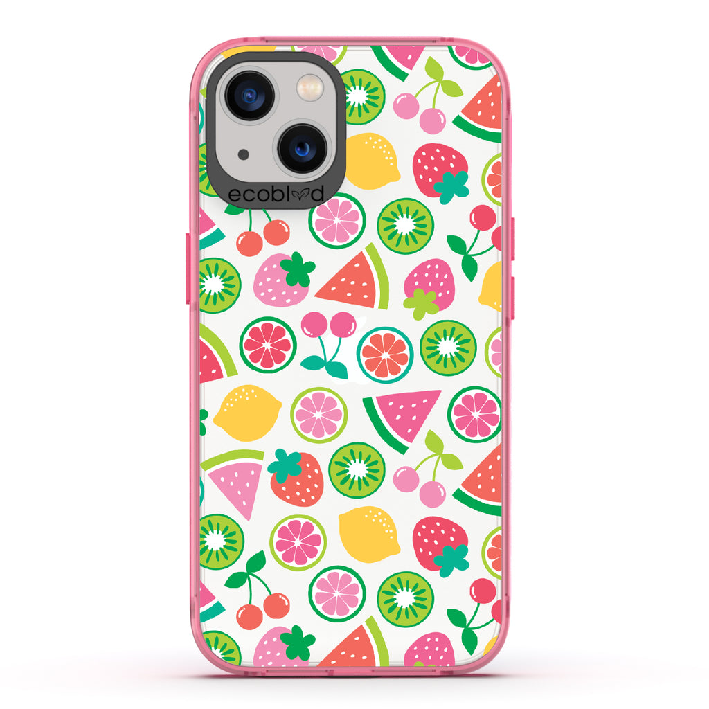 Juicy Fruit - Pink Eco-Friendly iPhone 13 Case With Various Colorful Summer Fruits On A Clear Back