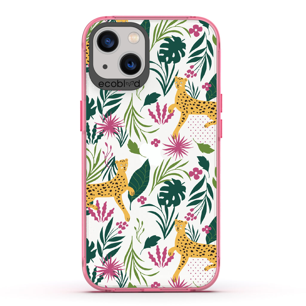 Jungle Boogie - Pink Eco-Friendly iPhone 13 Case With Cheetahs Among Lush Colorful Jungle Foliage On A Clear Back