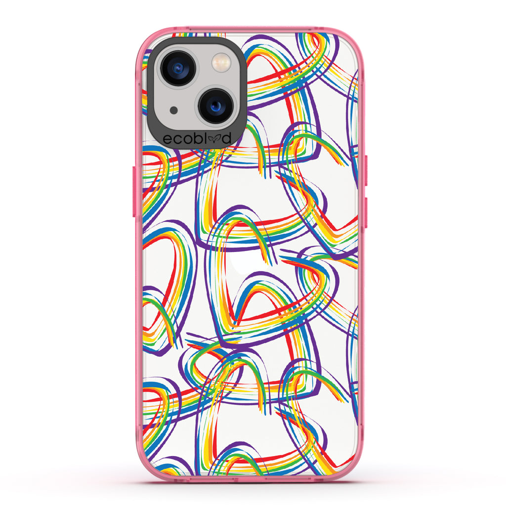 One Love - Pink Eco-Friendly iPhone 13 Case With Brush Stroke Rainbow Hearts On A Clear Back