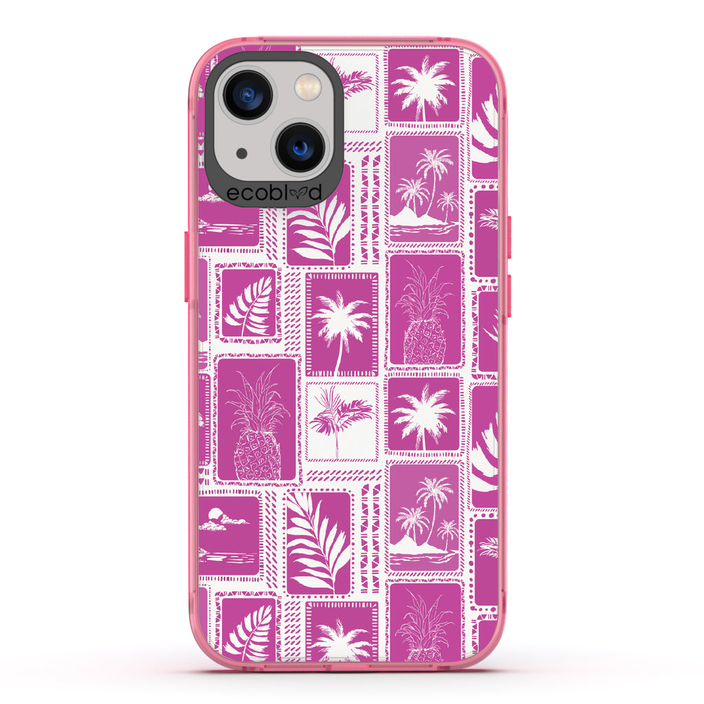 Oasis - Pink Eco-Friendly iPhone 13 Case With Tropical Shirt Palm Trees & Pineapple Print On A Clear Back