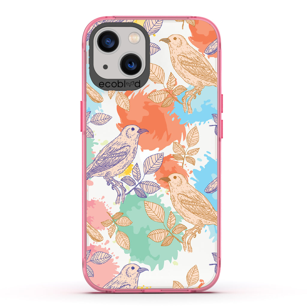 Perch Perfect - Pink Eco-Friendly iPhone 13 Case With Birds On Branches & Splashes Of Color On A Clear Back