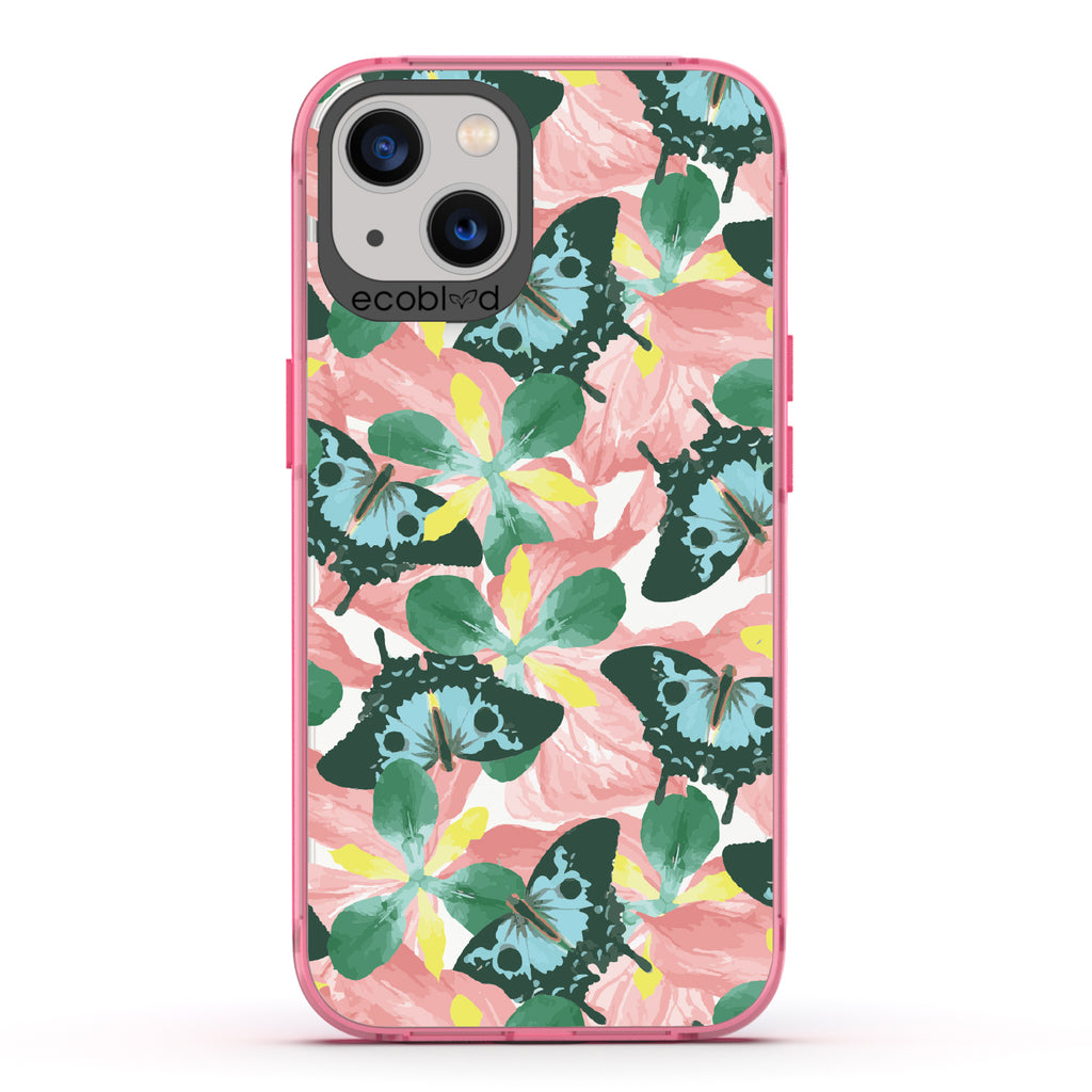 Fluttering Bouquet - Pink Eco-Friendly iPhone 13 Case With Blue & Green Butterflies, Pink Florals On A Clear Back
