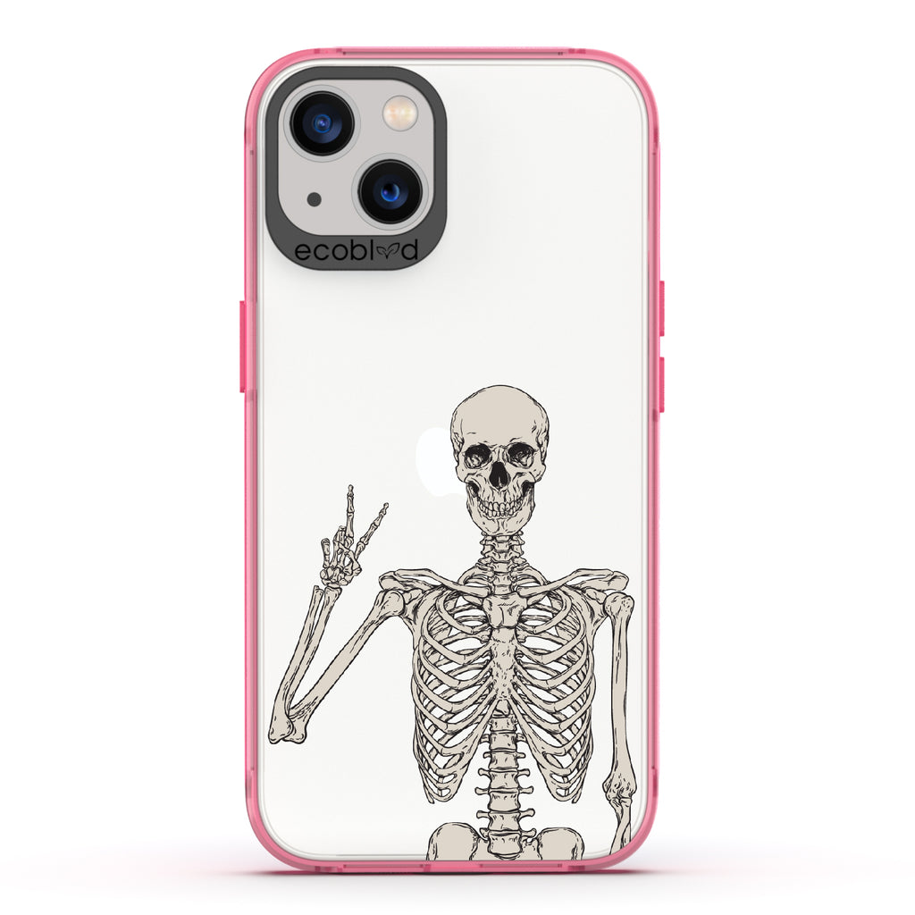 Creepin' It Real - Pink Eco-Friendly iPhone 13 Case With Skeleton Giving A Peace Sign On A Clear Back