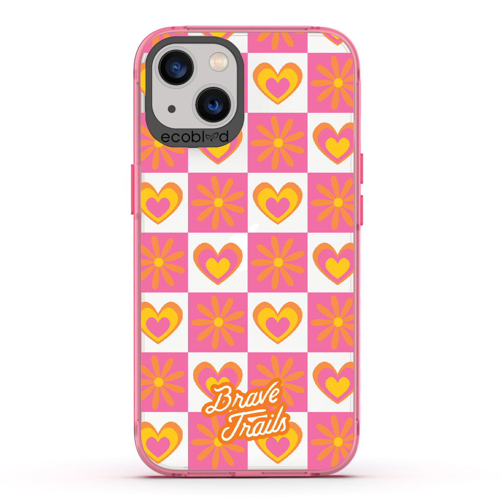 Free Spirit X Brave Trails - Pink Eco-Friendly iPhone 13 Case with Pink Checkered Hearts & Flowers On Clear Back