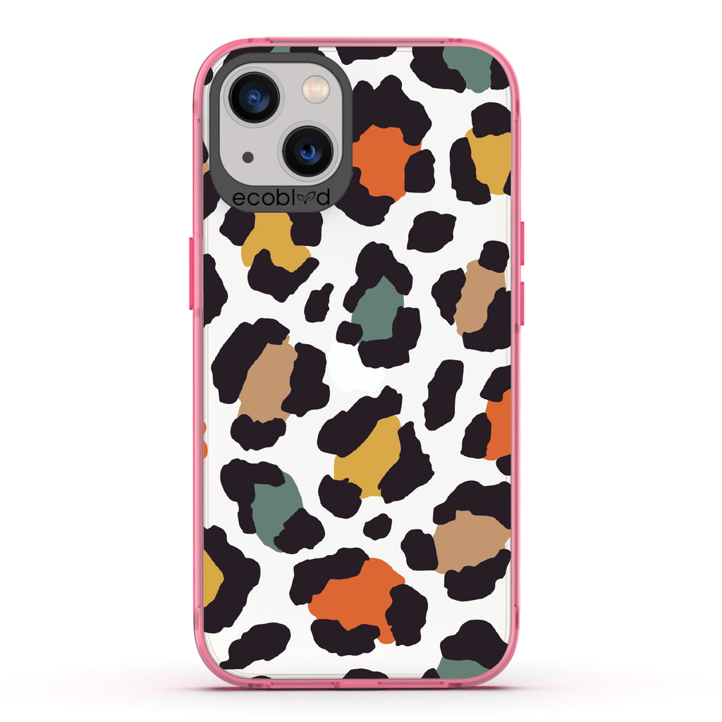 Cheetahlicious - Pink Eco-Friendly iPhone 13 Case With Multi-Colored Cheetah Print On A Clear Back