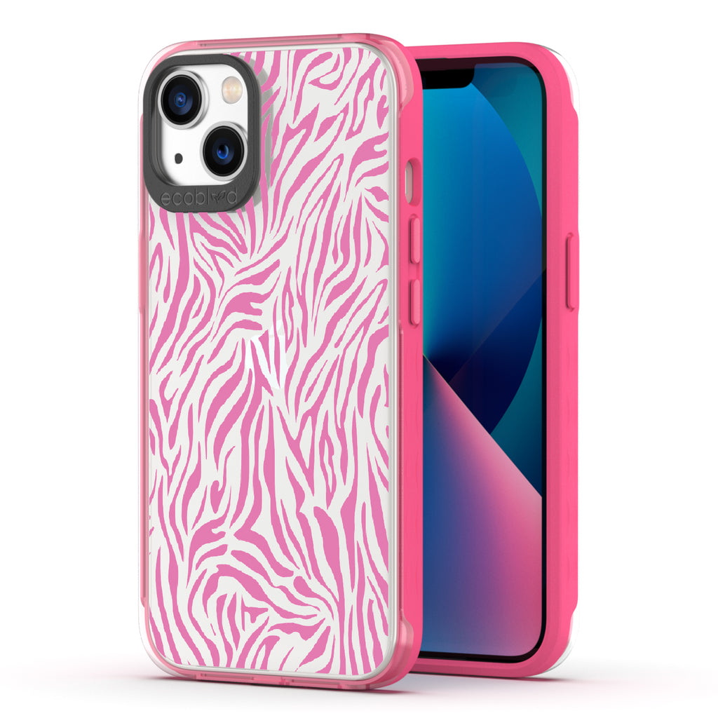 Zebra Print - Back View Of Pink & Clear Eco-Friendly iPhone 13 Case & A Front View Of The Screen