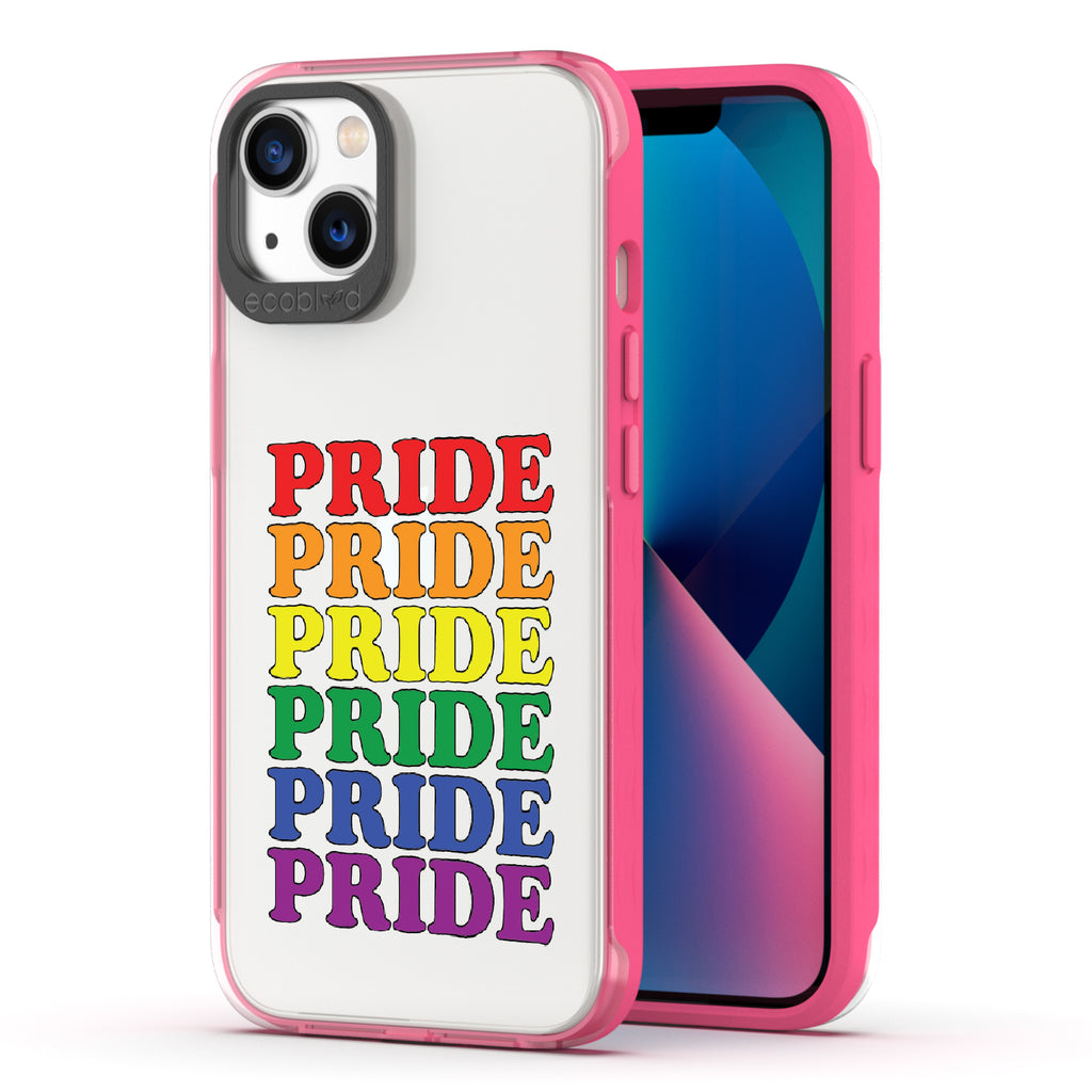 Pride Camp - Back View Of Pink & Clear Eco-Friendly iPhone 13 Case & A Front View Of The Screen