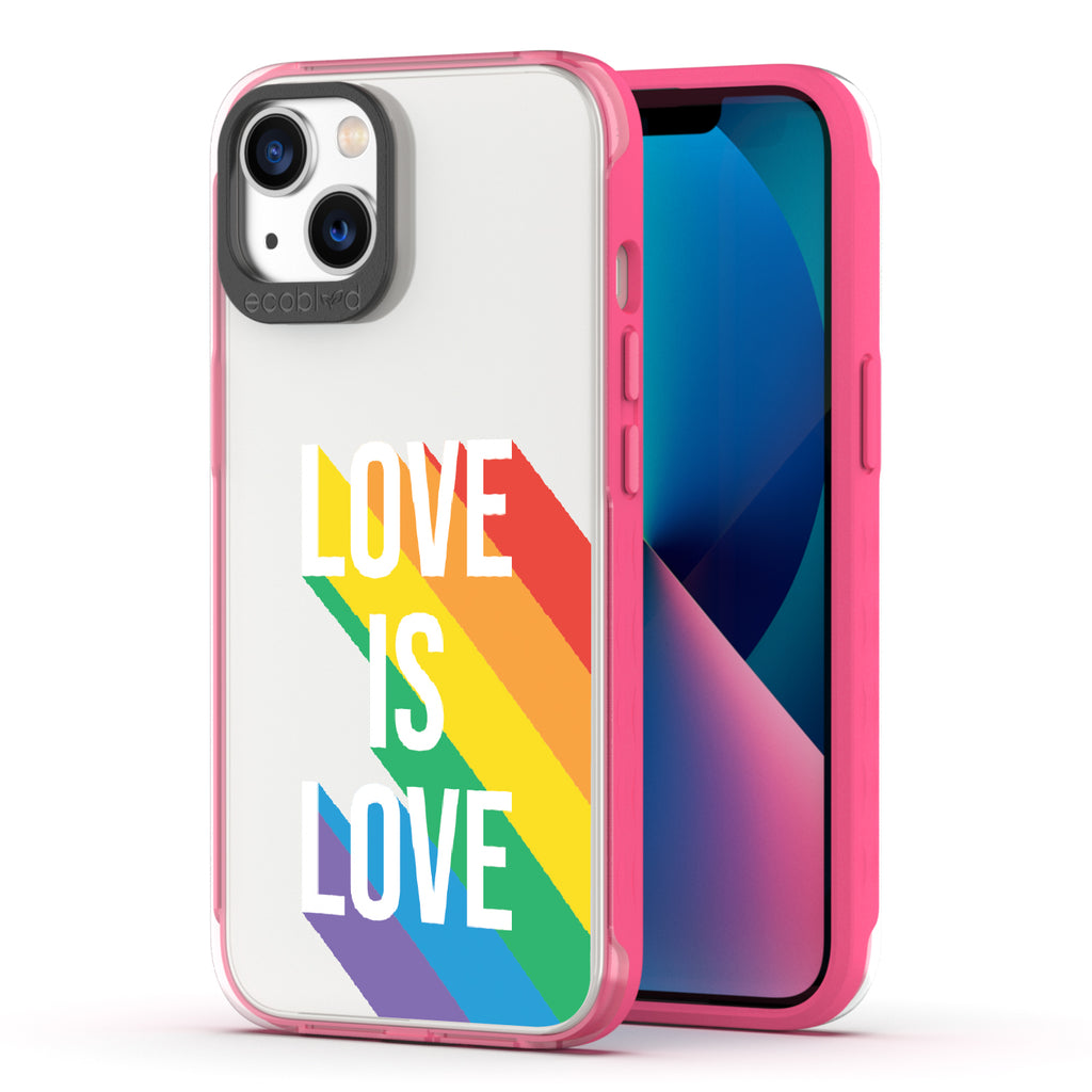 Spectrum Of Love - Back View Of Pink & Clear Eco-Friendly iPhone 13 Case & A Front View Of The Screen