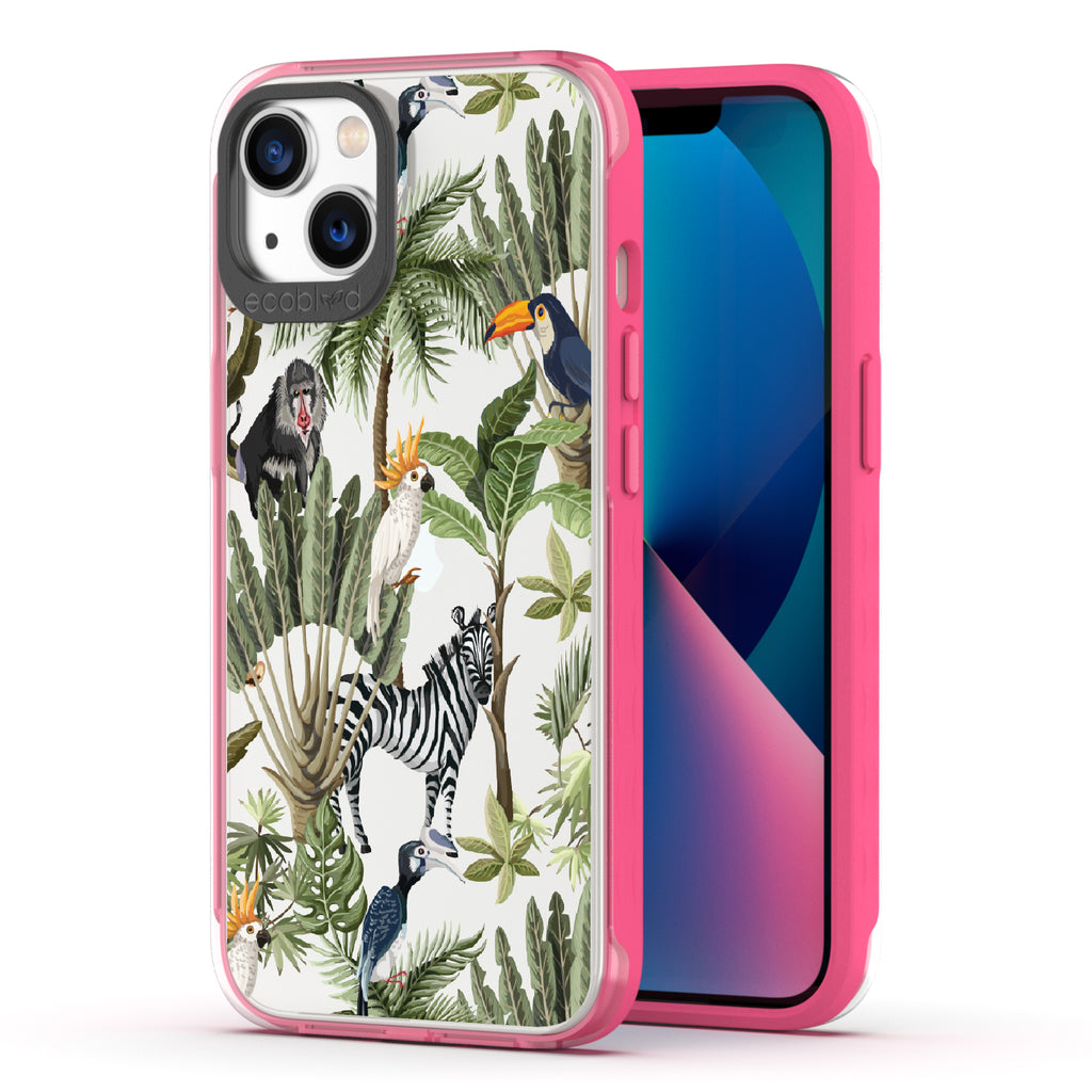 Toucan Play That Game - Back View Of Pink & Clear Eco-Friendly iPhone 13 Case & A Front View Of The Screen