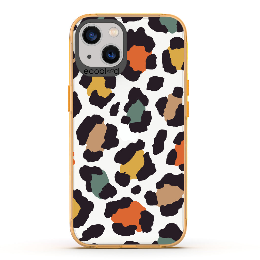 Cheetahlicious - Yellow Eco-Friendly iPhone 13 Case With Multi-Colored Cheetah Print On A Clear Back