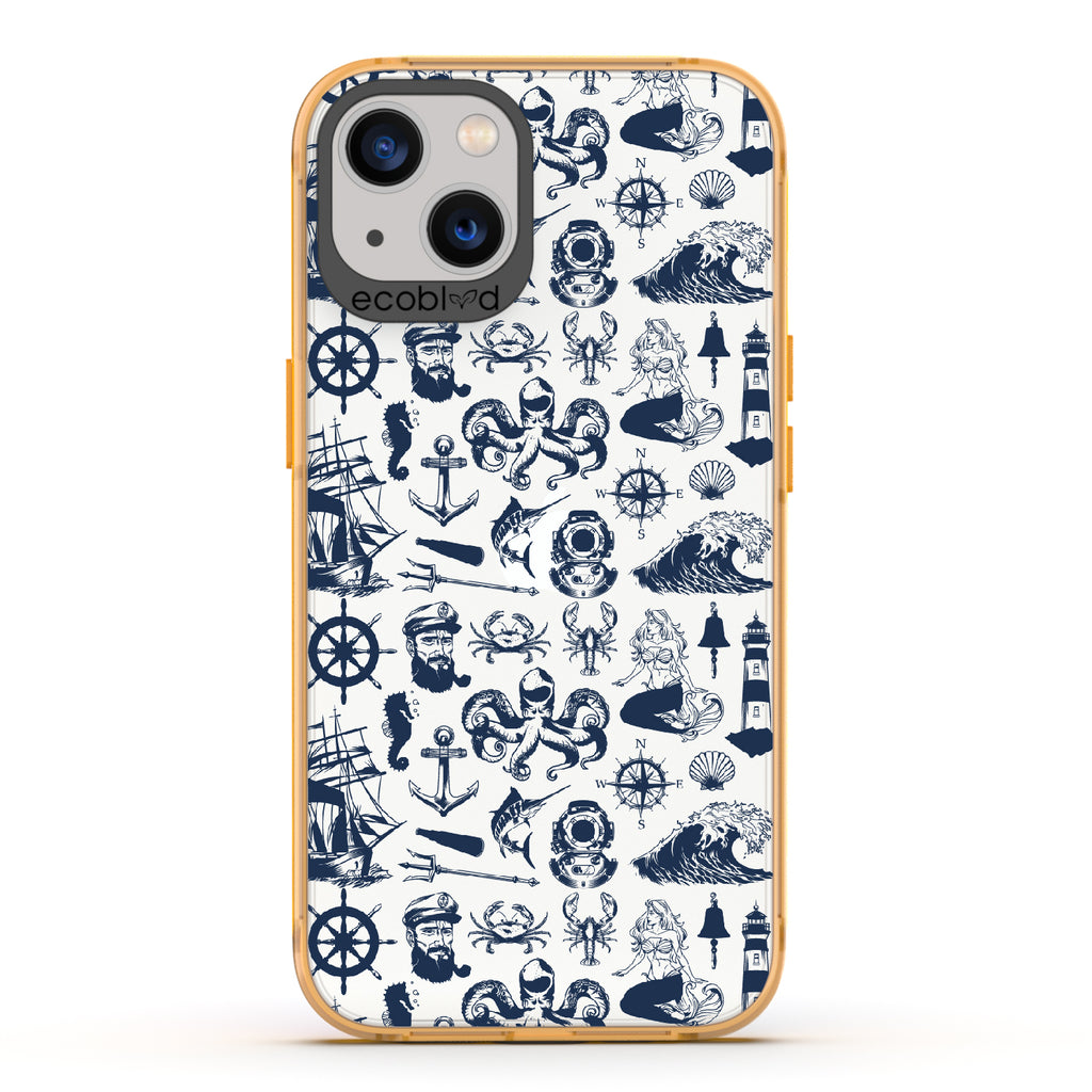 Nautical Tales - Yellow Eco-Friendly iPhone 13 Case With Sailors, Ships, Waves, Anchors & More On A Clear Back