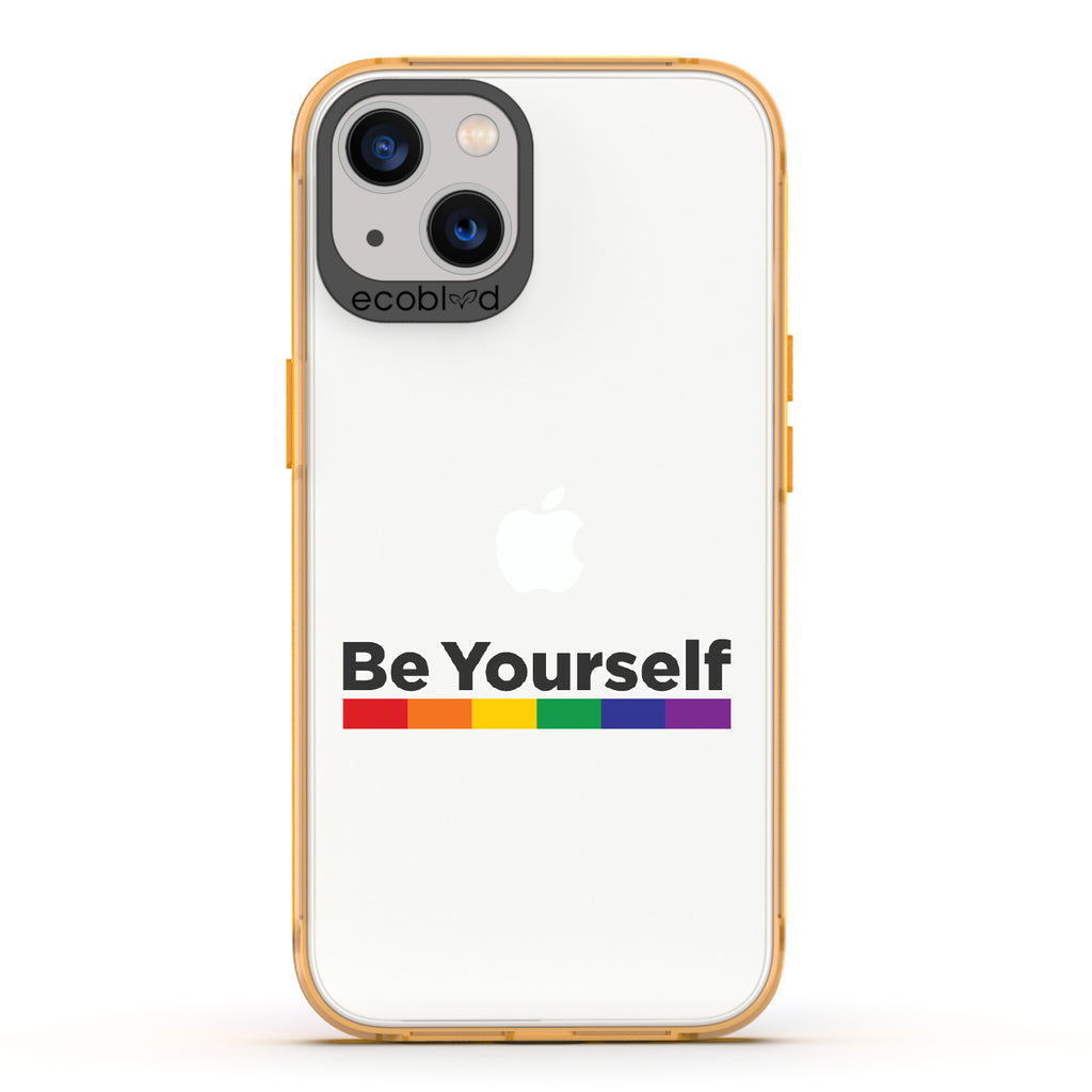 Be Yourself - Yellow Eco-Friendly iPhone 13 Case With Be Yourself + Rainbow Gradient Line Under Text On A Clear Back