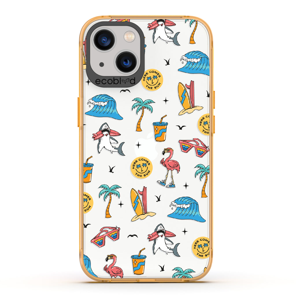Here Comes The Sun - Yellow Eco-Friendly iPhone 13 Case: Sunglasses, Surfboard, Waves & Beach Theme On A Clear Back