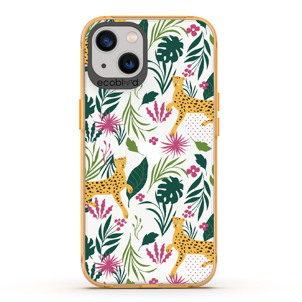Jungle Boogie - Yellow Eco-Friendly iPhone 13 Case With Cheetahs Among Lush Colorful Jungle Foliage On A Clear Back