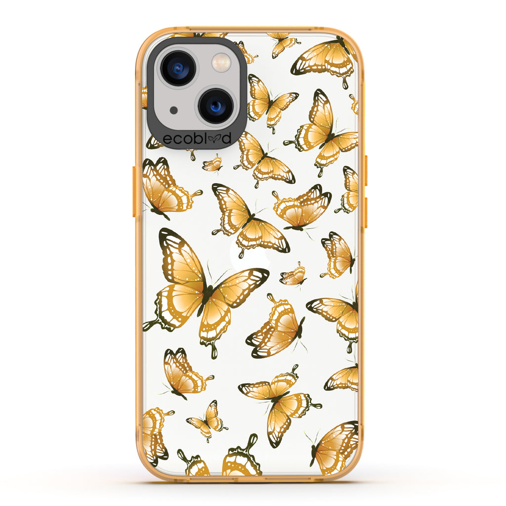 Social Butterfly - Yellow Eco-Friendly iPhone 13 Case With Yellow Butterflies On A Clear Back - Compostable