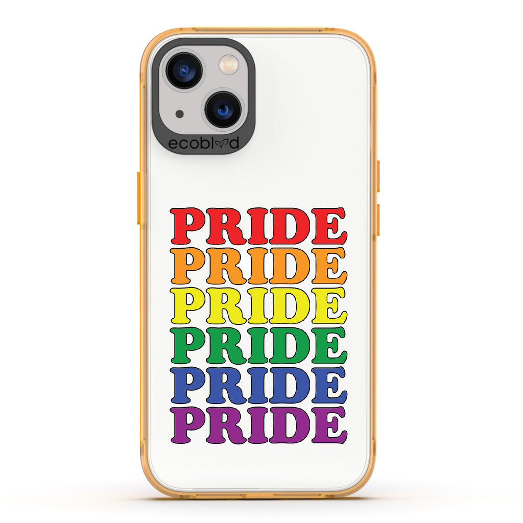 Pride Camp - Yellow Eco-Friendly iPhone 13 Case With Pride Stacked In Multiple Rainbow Colors On A Clear Back