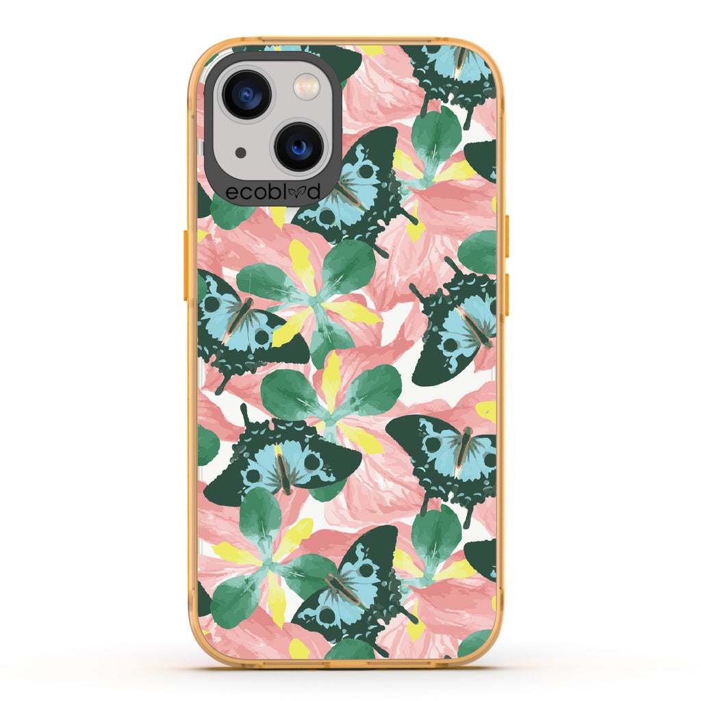  Fluttering Bouquet - Yellow Eco-Friendly iPhone 13 Case With Blue & Green Butterflies, Pink Florals On A Clear Back