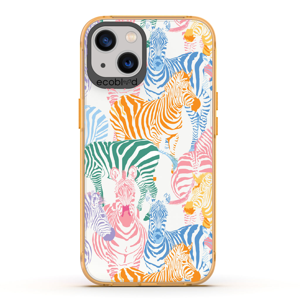 Colorful Herd - Yellow Eco-Friendly iPhone 13 Case With Zebras in Multiple Colors On A Clear Back