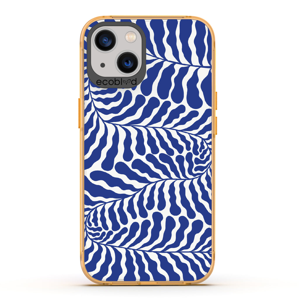 Blue Lagoon - Yellow Eco-Friendly iPhone 13 Case With Abstract Tropical Blue Seaweed On A Clear Back
