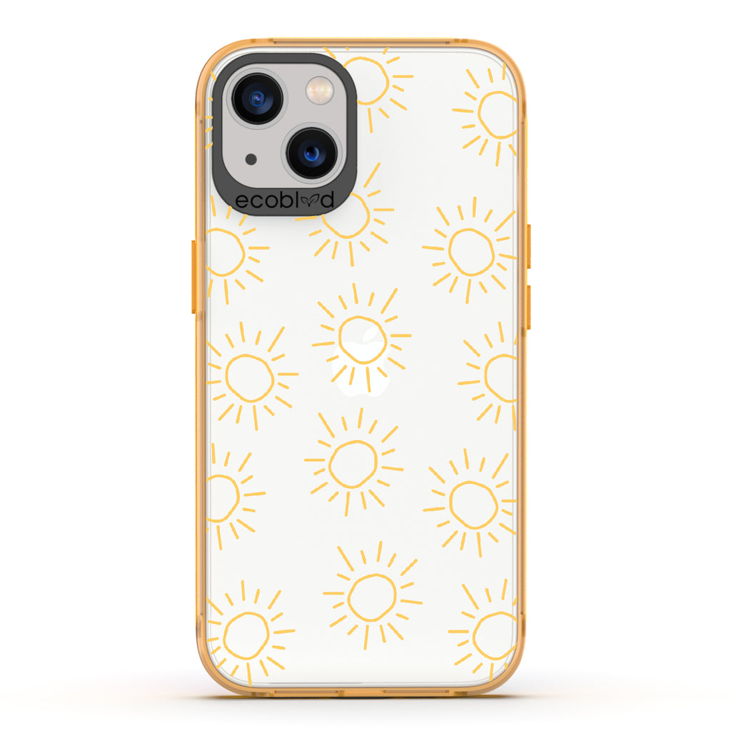 Sun - Yellow Eco-Friendly iPhone 13 Case With Various Scribbled Suns On A Clear Back