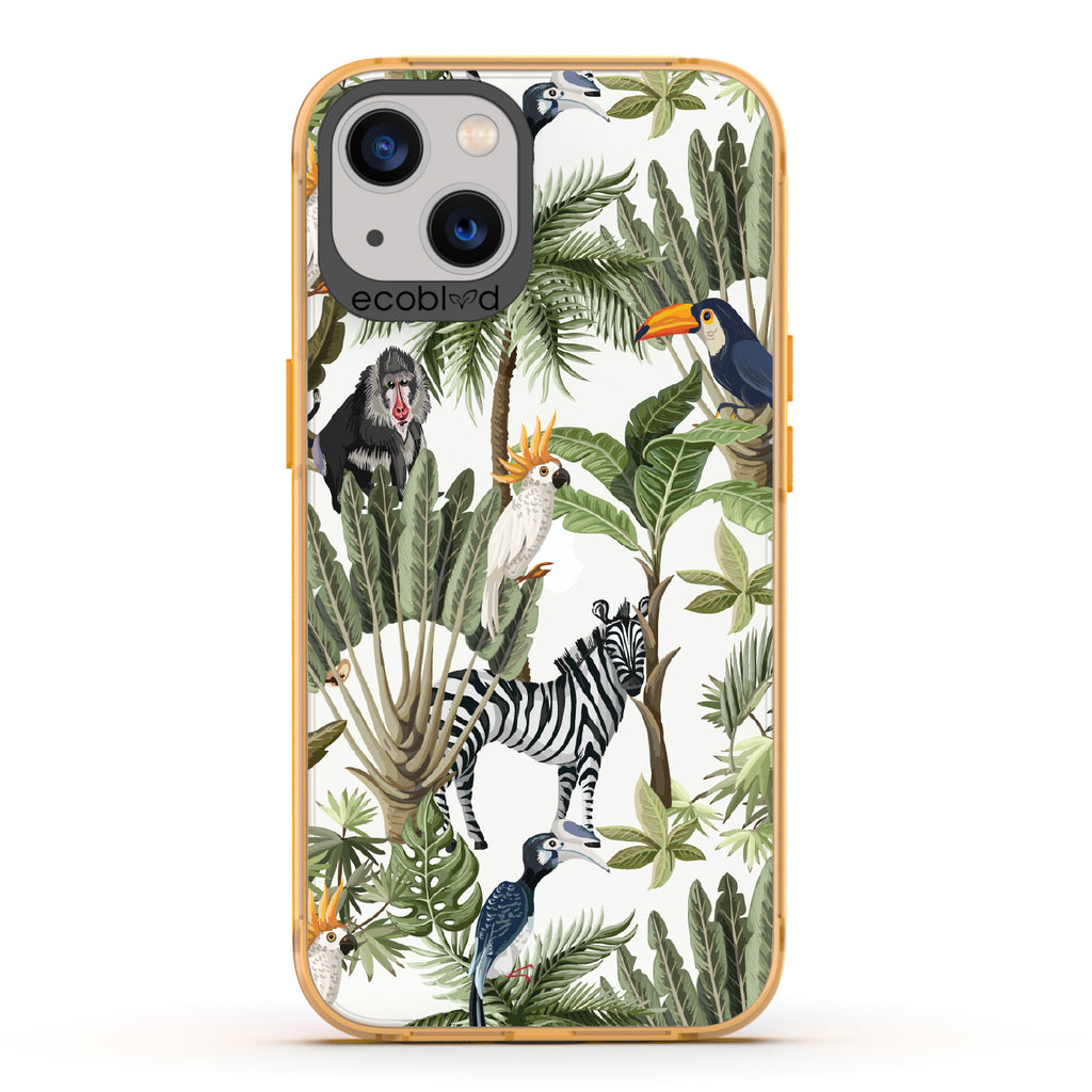 Toucan Play That Game - Yellow Eco-Friendly iPhone 13 Case With Jungle Fauna, Toucan, Zebra & More On A Clear Back