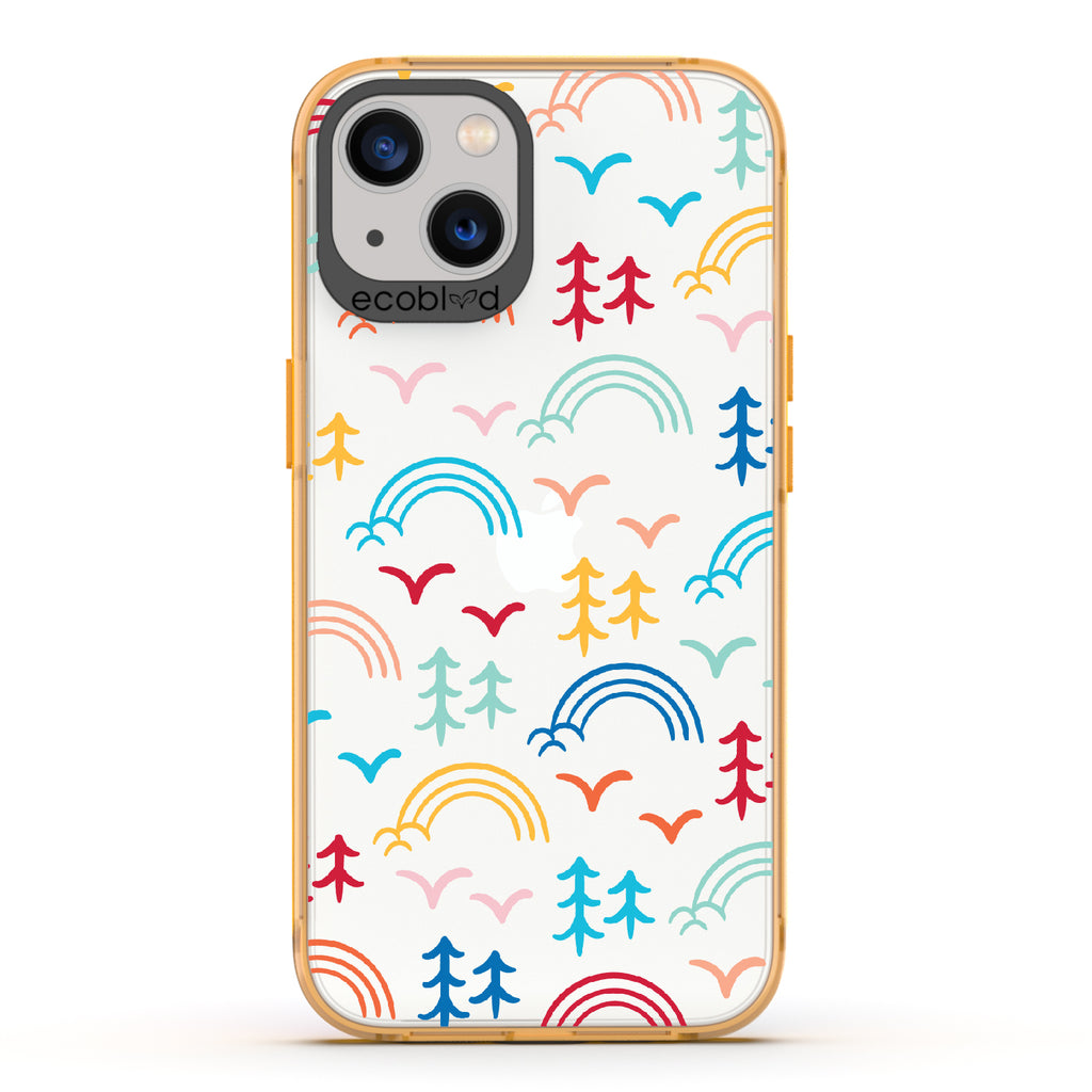 Happy Camper X Brave Trails - Yellow Eco-Friendly iPhone 13 Case with Minimalist Trees, Birds, Rainbows On A Clear Back