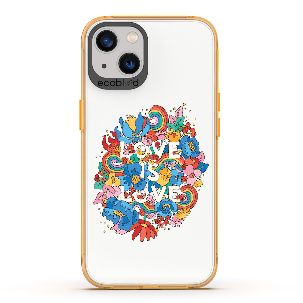 Ever-Blooming Love - Yellow Eco-Friendly iPhone 13 Case With Rainbows + Flowers, Love Is Love On A Clear Back