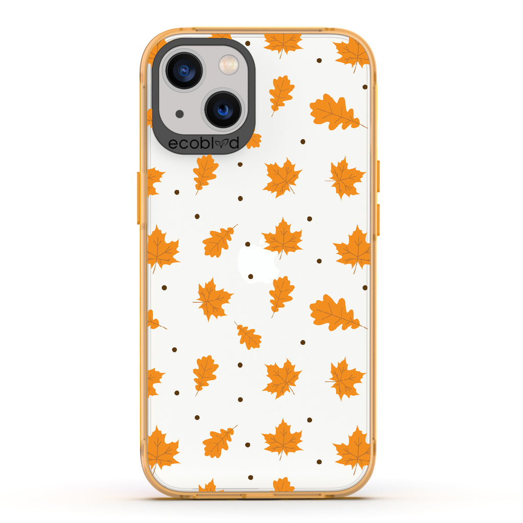A New Leaf - Brown Fall Leaves - Eco-Friendly Clear iPhone 13 Case With Yellow Rim 