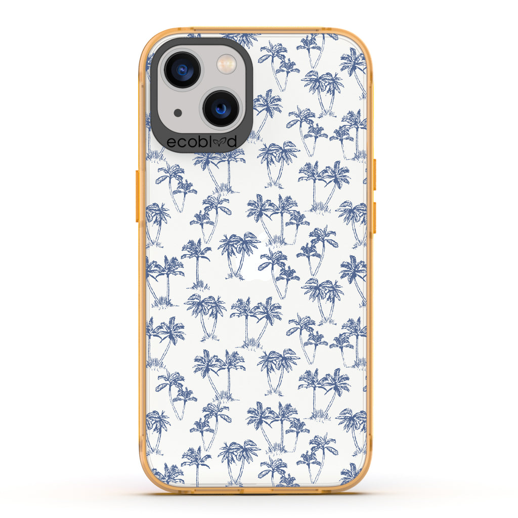Endless Summer - Yellow Eco-Friendly iPhone 13 Case With 50's-Style Blue Palm Trees Print On A Clear Back