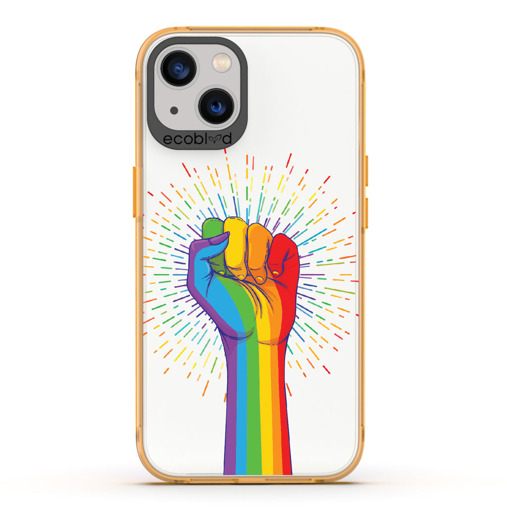Rise With Pride - Yellow Eco-Friendly iPhone 13 Case With Raised Fist In Rainbow Colors On A Clear Back