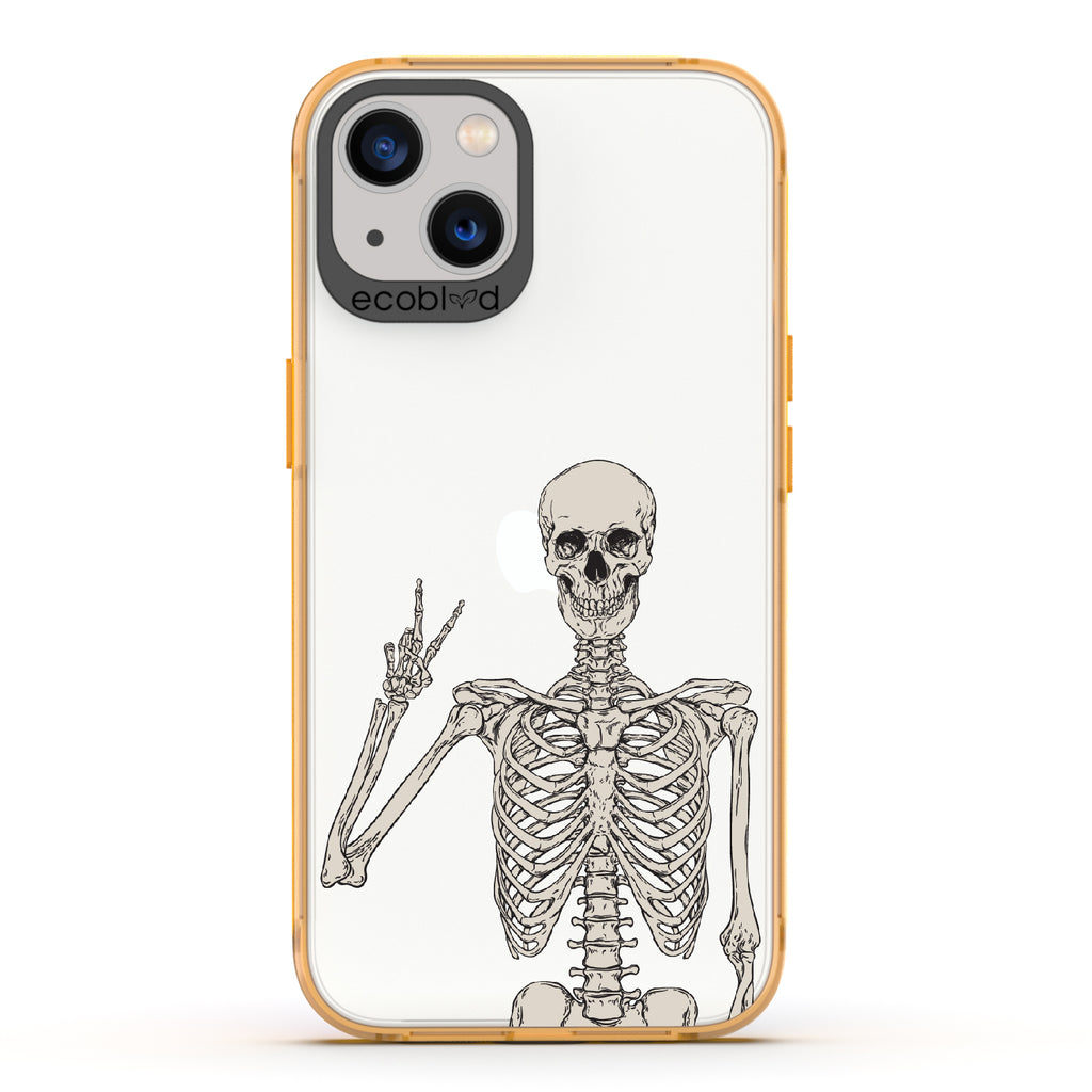 Creepin' It Real - Yellow Eco-Friendly iPhone 13 Case With Skeleton Giving A Peace Sign On A Clear Back