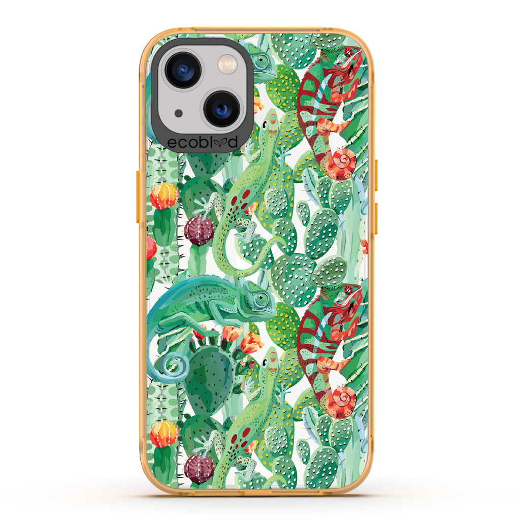 In Plain Sight - Yellow Eco-Friendly iPhone 13 Case With Chameleons On Cacti On A Clear Back