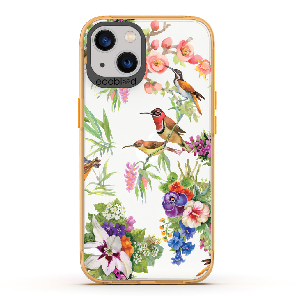 Sweet Nectar - Yellow Eco-Friendly iPhone 13 Case With Humming Birds, Colorful Garden Flowers On A Clear Back