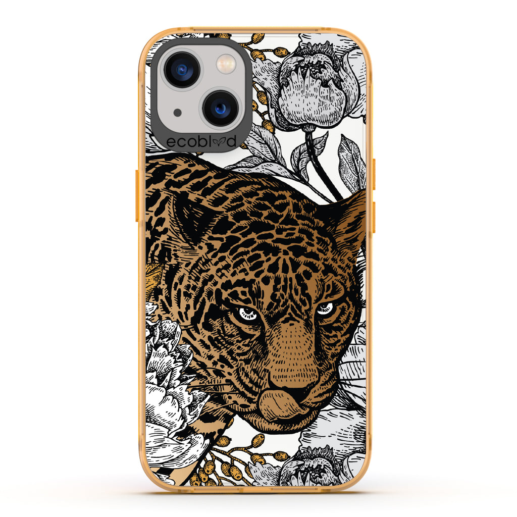 Purrfectly Striking - Yellow Eco-Friendly iPhone 13 Case With Leopard, Black/Grey Flowers On A Clear Back