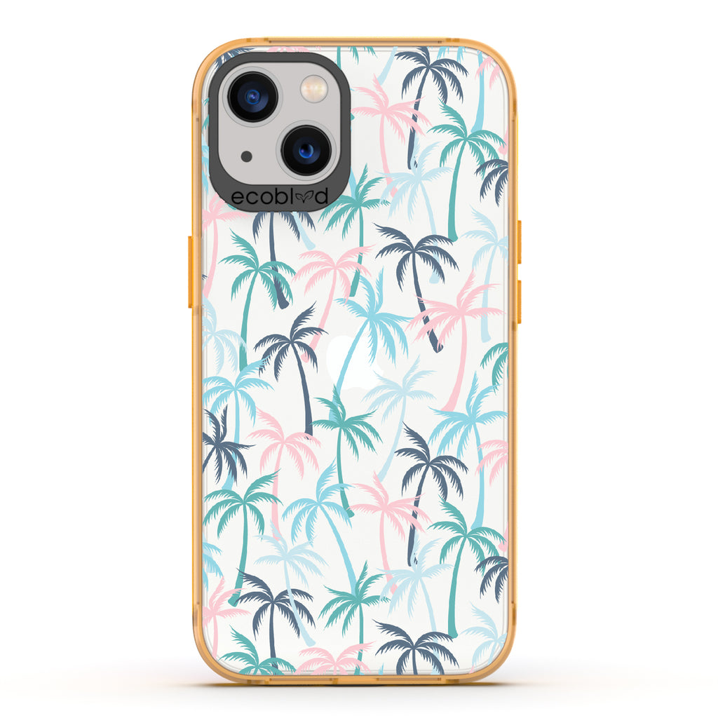 Cruel Summer - Yellow Eco-Friendly iPhone 13 Case With Hotline Miami Colored Tropical Palm Trees On A Clear Back