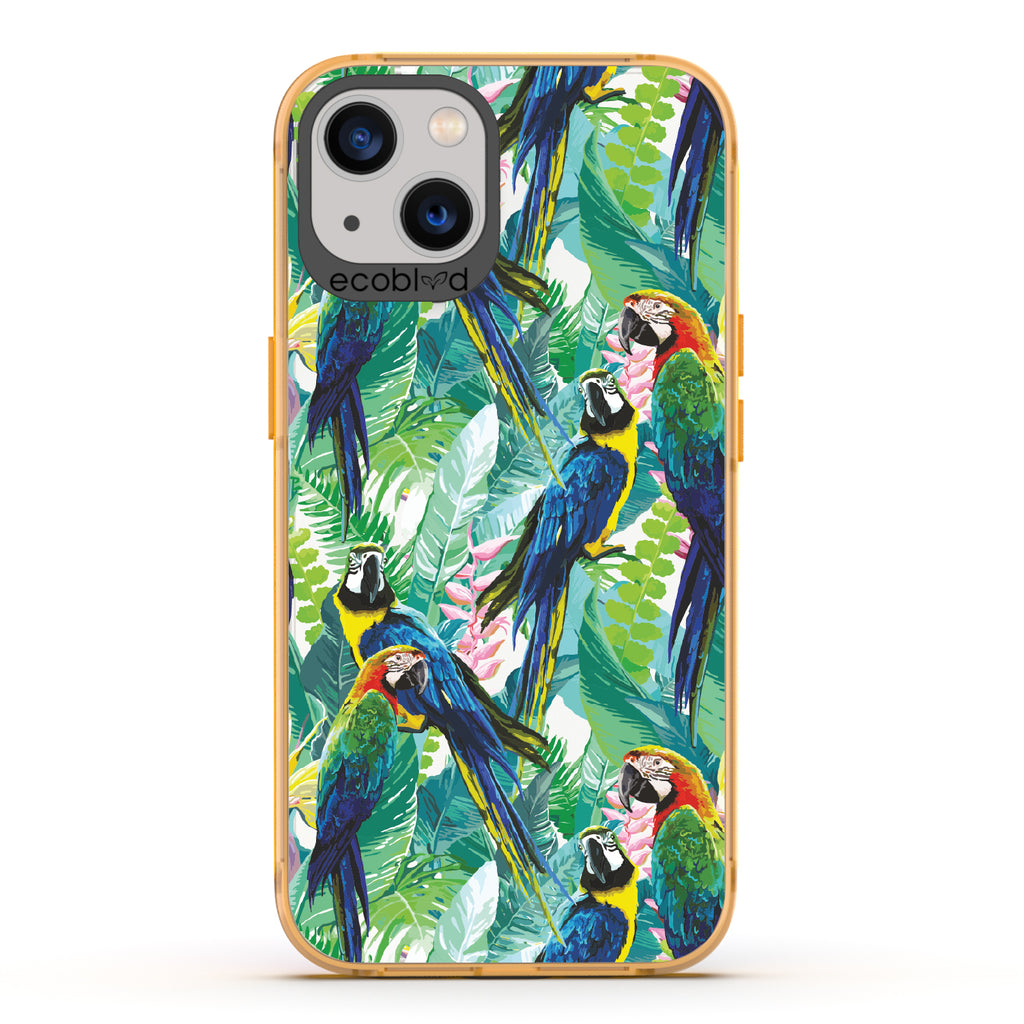 Macaw Medley - Yellow Eco-Friendly iPhone 13 Case With Macaws & Tropical Leaves On A Clear Back